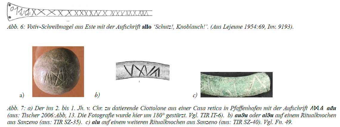 According to the GEAS RPT, the famous runic ritual word alu is a reflex of venetic  allo ‘garlic’. The word can also be found on artefacts from the Sanzeno/Raetic ritual area, e.g.  ađu on a North Italic ciottolone votive stone, and other attestations on votive bones from Sanzeno. In the alpine area, garlic protection rituals were in use up to medieval times.