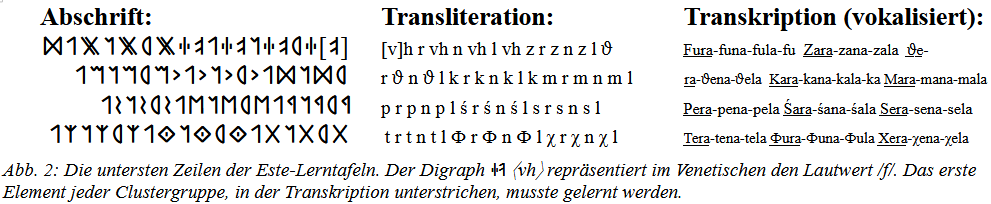 Transliteration of the row of consonant clusters to be memorized during learning step 6. The bigraph  ⟨vh⟩ represents voiceless /f/ and was vocalized on -u. Thus, only the acoustic recall of the mnemonic in the ears of Germanic guards who assisted the ritual, has prompted the later rune masters to put the syllable  /fu/ at the first place of the rune alpbabetary. It was the loud-spoken vocalization of the consonant names that has paved the way to the Fura-zara-kara hypothesis.