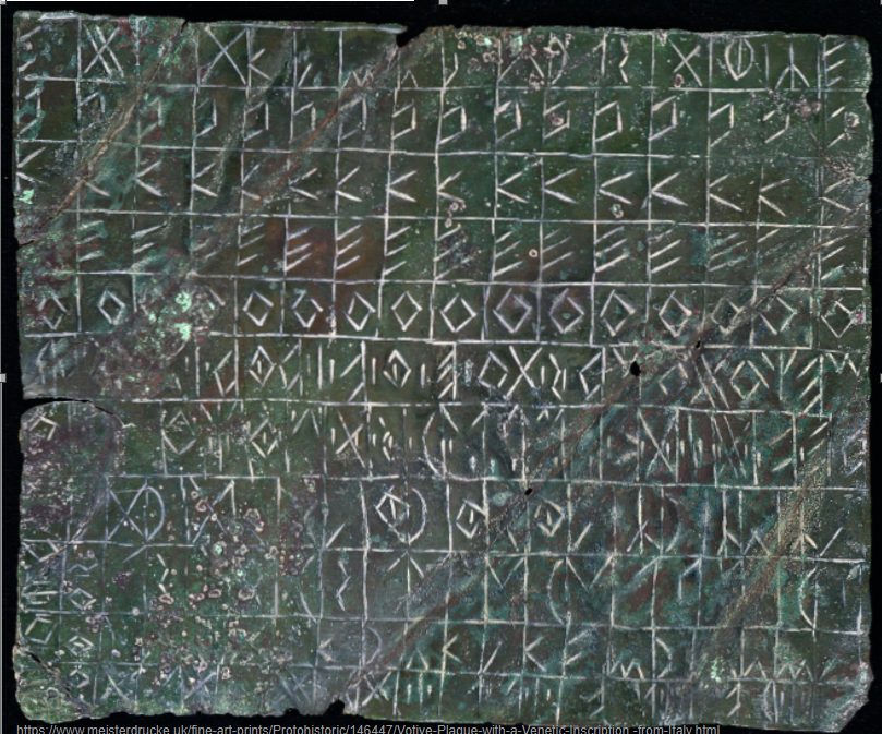 E23 ist the most complete one of the c. 29 bronze tablets found at the Reitia ritual place in Este. Even though the strokes are perfectly legible, the signs are often underspecified. For instance,  (or  if we include the frame) can stand for  /ϑ/ (Theta), but in other cases stands for  /t/ (Tau). For a transliteration, see Abb. 2 in the article cited above.